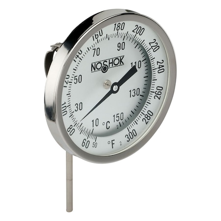 Noshok 3" Bimetal Thermometer, 1/2" NPT Back Conn, 6" Stem Length, 0/250 F/C, .250" Diameter 30-310-060-0/250-F/C